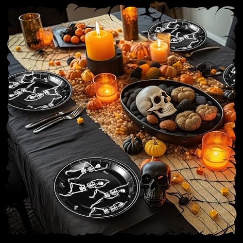 Halloween Skeleton Paper Plates - Black 7 Inch, Pack of 100 - Festive Disposable Tableware