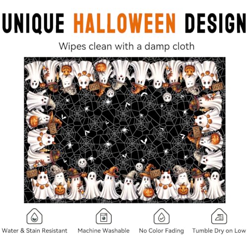 Halloween Ghost Black Rectangular Tablecloth 60x84 Inch - Spider Web & Ghost Design