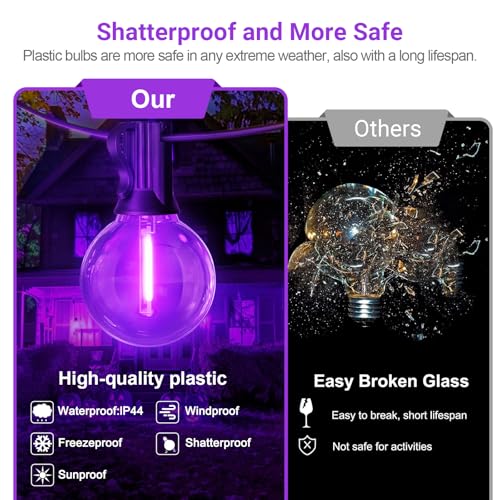 Purple Outdoor String Lights - 26Ft Waterproof Shatterproof Edison Bulbs, Dimmable Patio Decor