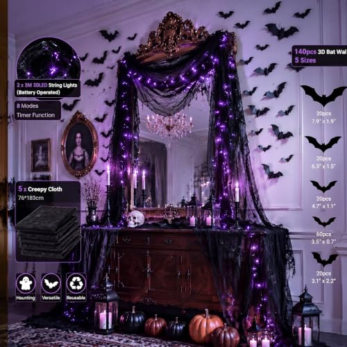 Gilprop Halloween Wall & Stair Decoration Set - Purple, Bat Stickers, Fairy Lights & Creepy Cloth