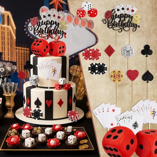 Casino Cake Decorations Set with Poker Chips & Dice for Birthday Party