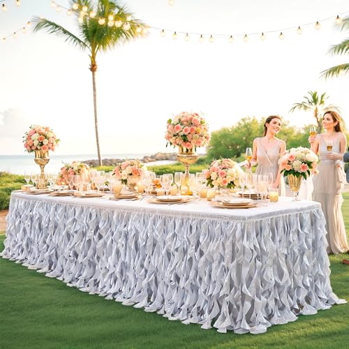Silver 21ft Sequin Table Skirt for Rectangular Tables - Glitter Fringe Tutu Party Decor