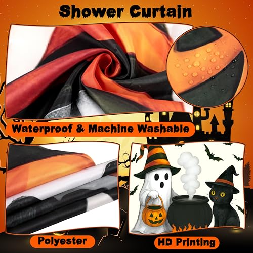 Halloween Shower Curtain Set with Bath Mat Toilet Cover and Hooks - Spooky Ghost Cat Pumpkin Decor