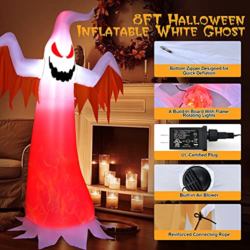 8 FT Halloween Inflatable Ghost with Rotating Flame LED Lights, Quick Setup for Yard & Lawn Decor