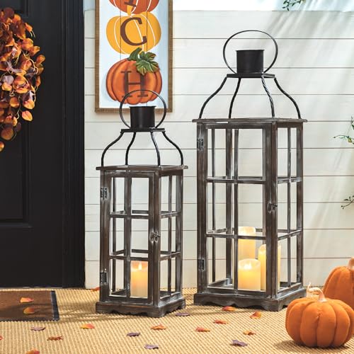 Black Farmhouse Wooden Candle Lanterns Set of 2 - 25 & 18.75 Inches, No Glass