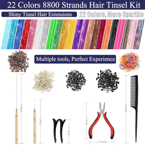Hair Tinsel Extensions Kit - 22 Colors, 48 Inch Fairy Hair Strands for Styling
