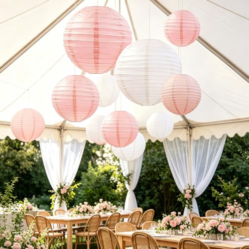 Pink Round Paper Lanterns Set of 6 - Decorative Hanging Party Lights for Wedding Baby Shower Halloween Birthday