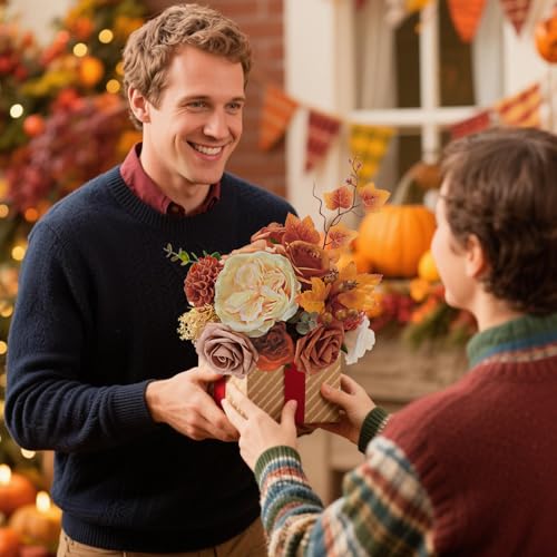 Terracotta Fall Faux Flower Box Set with Burnt Orange & Maple Leaves for Wedding & Home Decor - DIY Arrangements