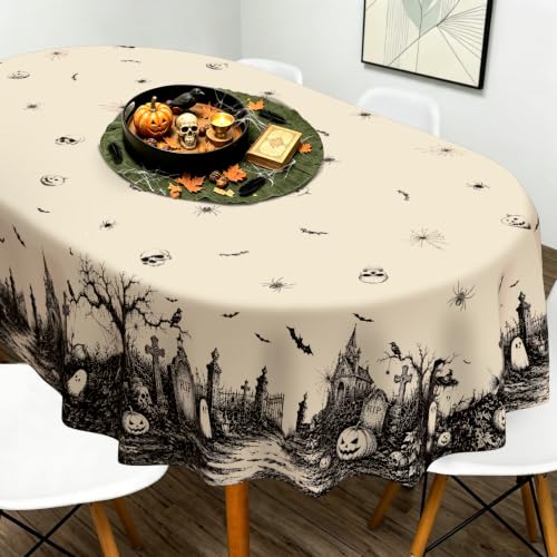 Beige Halloween Pumpkin Ghost Tablecloth - 72x54 Inch Fall Decor