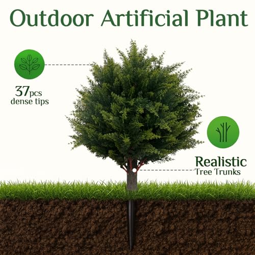 Artificial Cypress Topiary Ball Trees with Ground Spikes - 20in Pine Green for Outdoor & Indoor Decor
