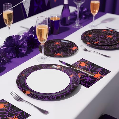 Halloween Party Decorations Set - Spider Web Plates & Napkins, Black Orange Purple Variation