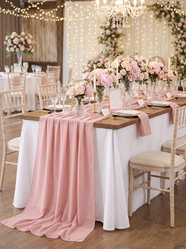 Dusty Rose Chiffon Table Runner - 10Ft Rustic Boho Wedding Decor - QueenDream