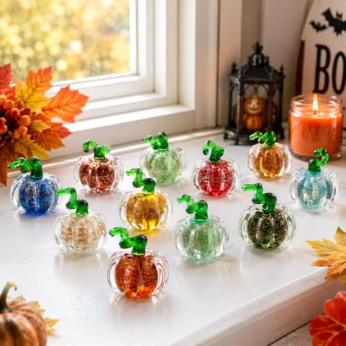 12-Piece Mini Hand Blown Glass Pumpkins Set - Fall Halloween Thanksgiving Decor