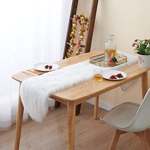 White Faux Fur Table Runner 11.8x59 Inch for Christmas Dining Decor - Snow White
