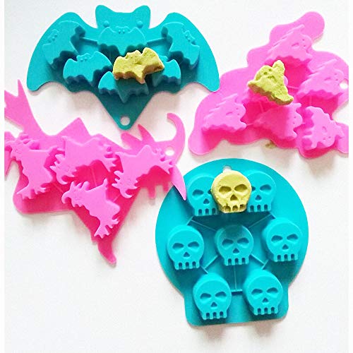 Halloween Silicone Molds 4-Pack Bat Skull Ghost Witch for Candy Cake Baking