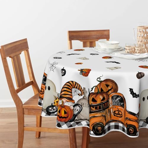 Halloween Round Tablecloth 90 Inch - Ghost Pumpkin Design, Orange