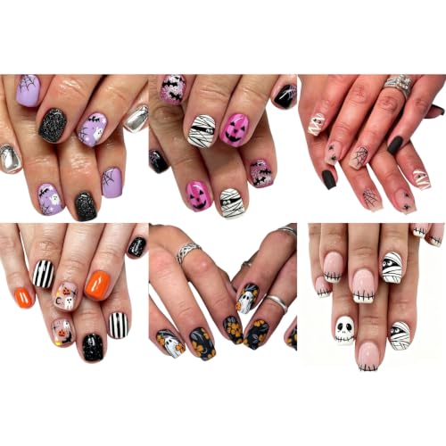 Halloween Press On Nails Short Square Fake Nails with Ghost Design - Purple Pink Black Variation 17