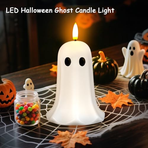 Halloween Ghost Flameless Candle with Timer - LED Flickering Flame, Real Wax, Remote Control, Ghost Light Variation