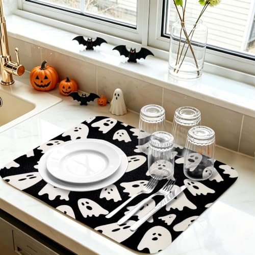 Halloween Ghost Dish Drying Mat - 16x18 Inch Absorbent Kitchen Counter Protector