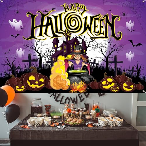 Purple Halloween Witch Banner - Large Spooky Backdrop with Potion Jars & Castle - Witch Variation