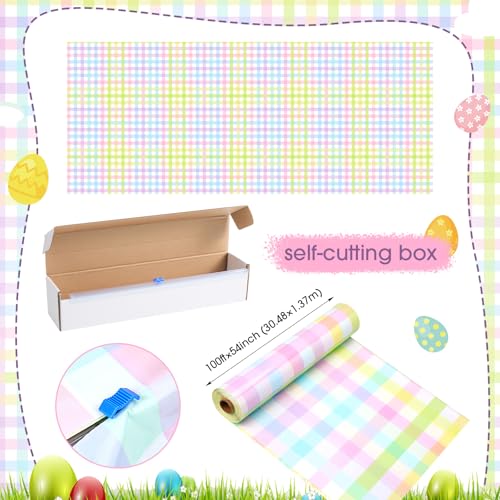 Easter Plaid Gradient Checkered Plastic Tablecloth Roll - 100ft x 54in, Party Decor