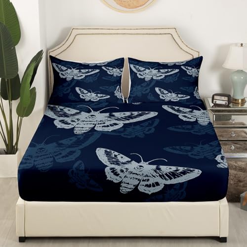 Full Size Boho Moth Bed Sheets Set - Navy Blue & White, Fitted & Flat Sheets