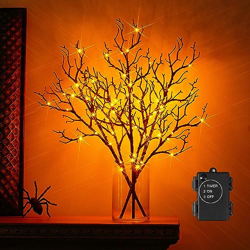 Lighted Halloween Tree Branches with Timer - 21 Inch Black Twig with Orange Fairy Lights