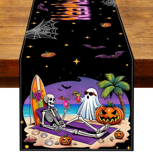 Summerween Halloween Table Runner Tropical Ghost Beach Party Decor 13x72in