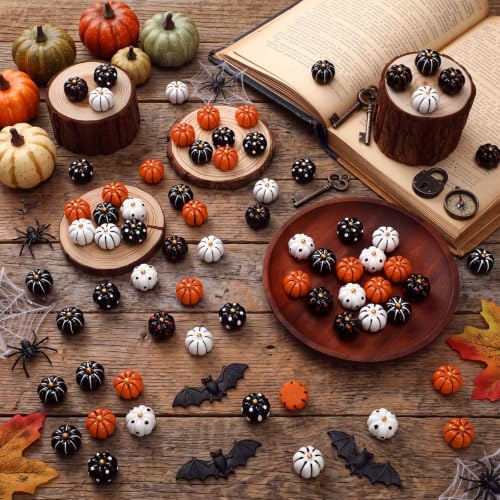Halloween Pumpkin Mini Resin Figurine Set - 80 Pieces, Black, White & Orange Variations