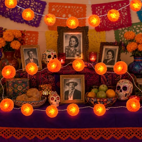 20Ft Orange Marigold Garland String Lights for Day of the Dead Decorations - 30 LEDs