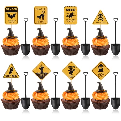 Halloween Cupcake Toppers and Disposable Spoons Set - Zombie Warning Party Decorations