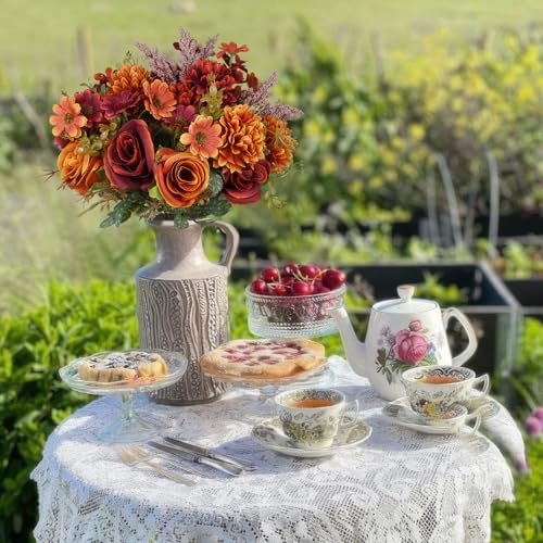 Artificial Fall Flowers Bouquet Set - Orange & Red Faux Autumn Flowers for Decor