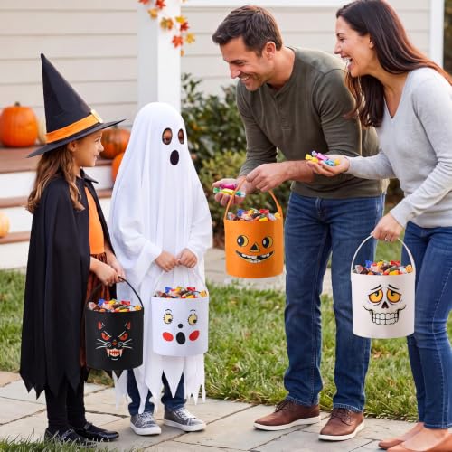 Vivid Style Halloween Candy Baskets Set of 4 with Handles - Ghost, Black Cat, Skeleton Designs
