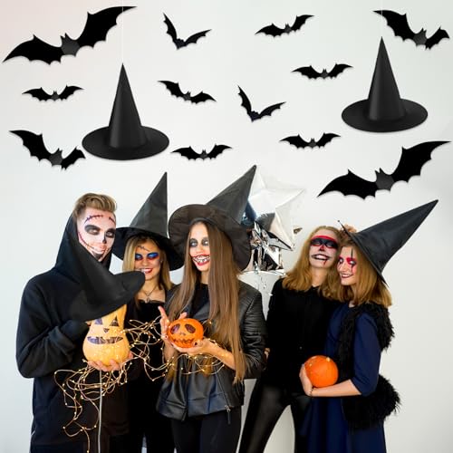 Halloween Witch Hat Set with 3D Bat Stickers - Indoor Outdoor Decorations, 24 Pieces