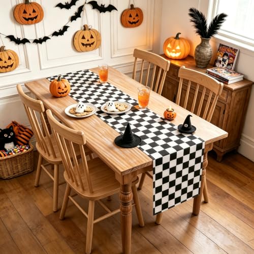 Black and White Halloween Gingham Table Runner - 13 x 72 Inch - QueenDream