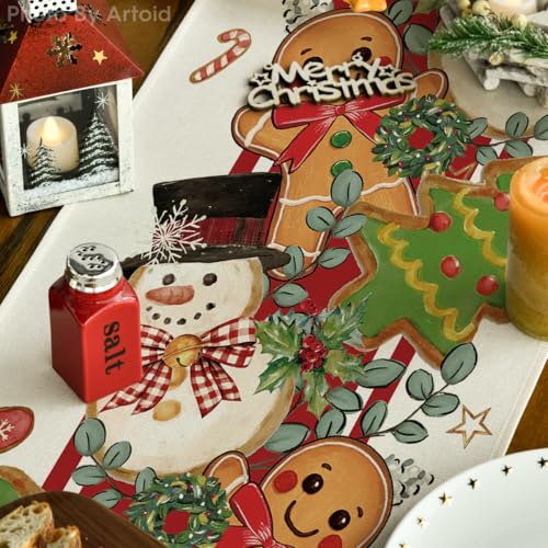 Gingerbread Snowman Table Runner 13x120 Inch Home Holiday Decor Beige-Red