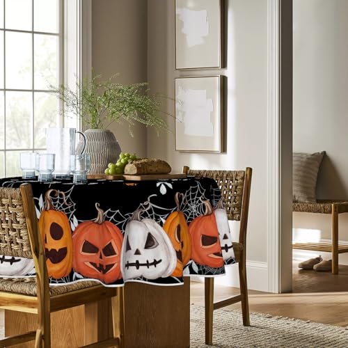 Halloween Tablecloth 90x90 Inch Round Black Orange Pumpkin - Durable Polyester