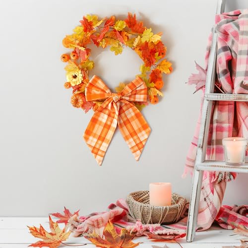 Autumn Plaid Wreath Sash Set - 2 Pcs Fall DIY Bow Decorations for Front Door Thanksgiving Halloween