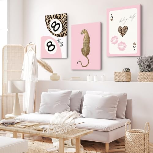Leopard Canvas Wall Art Set - Pink Cheetah Print Bedroom Decor 16x24 Inch Wrapped Canvas - Trendy Wall Decor