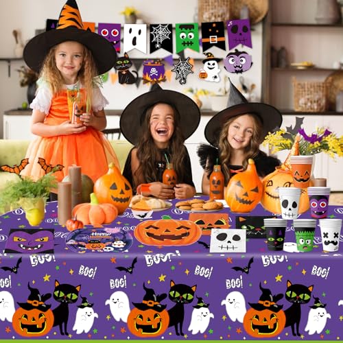 Halloween Party Supplies Set - Pumpkin Paper Plates Cups Napkins Banner Tablecloth - 74 Pieces for Festive Celebration