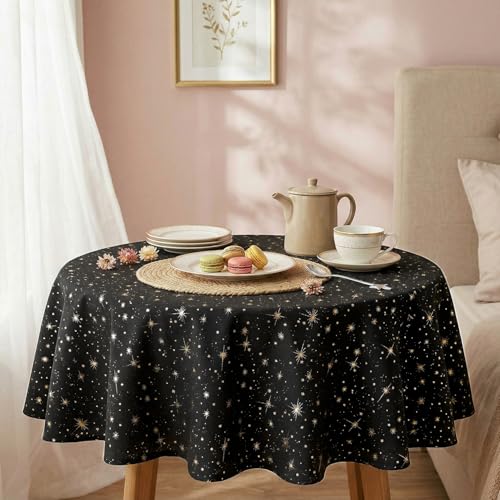 Black Round Tablecloth 60x60 Inch with Star Sequin - Durable Polyester