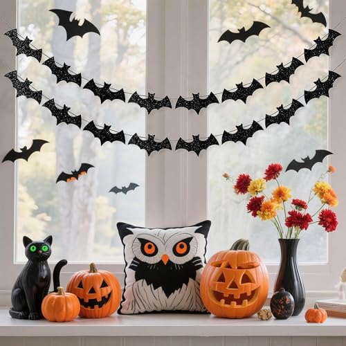 Black Glitter Bat Garland Banner for Halloween Party Decorations - Variation: Glitter-Black