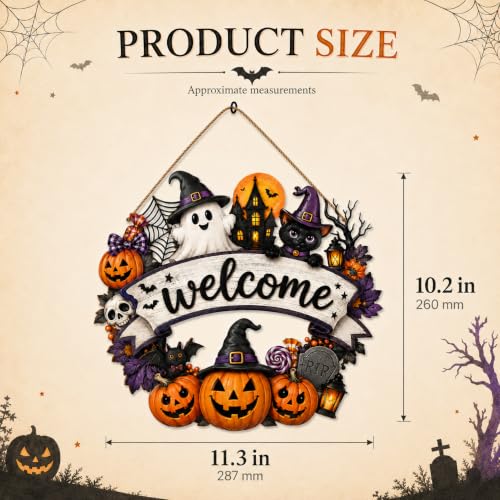 Halloween Wooden Door Wreath Sign - Rustic Fall Porch Decor with Ghost Pumpkin Bat
