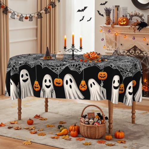 Oval Halloween Tablecloth 52x70 Inch with Spiderweb Ghost Pattern - Black Fabric Party Decor