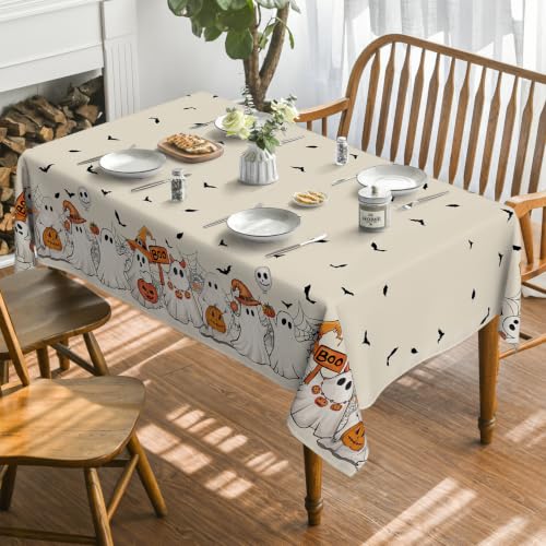 Horaldaily Halloween Tablecloth 52 x 70 Inch Rectangular Black Bat Ghost - Beige Variation