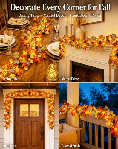 Fall Garland with 35 Warm LED Lights - Autumn Decor for Indoor & Outdoor