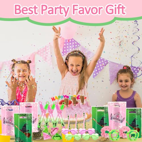 Pink and Green Birthday Party Favors Set - Glasses, Broom Pens, Bracelets & More