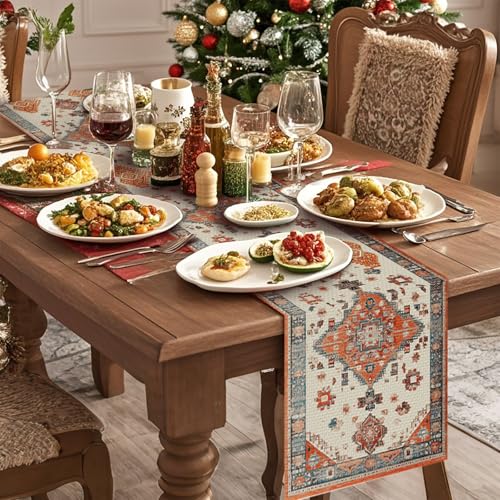Fall Farmhouse Bohemian Orange Table Runner - Rustic Linen for Dining & Holiday Decor