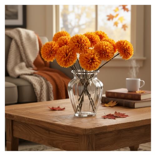 Artificial Mums 12-Inch Silk Flowers with Bendable Wire Stems - Orange, 12 Pack