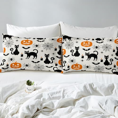 Feelyou Halloween Black Cat Bed Sheet Twin Size Pumpkin Ghost Cats Bedding Fitted Sheet - Halloween 31 No Flat Sheet